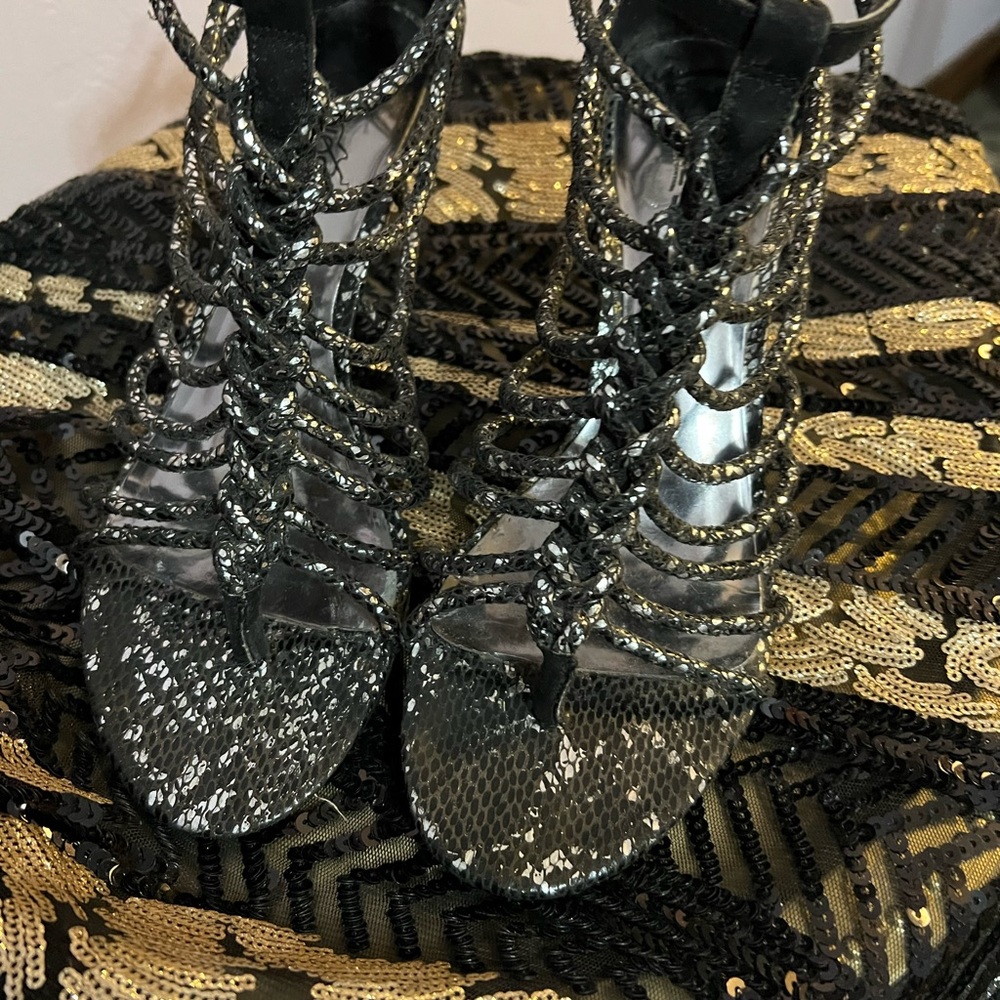 Carlos Santana black and silver sandal heel 6 1/2